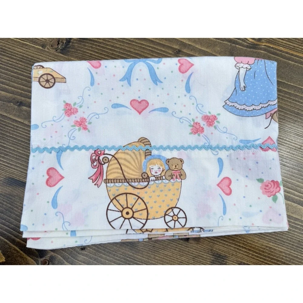 Vintage‎ Handmade Pillowcases Pair Nursery Teddy Bear Doll Kids Pastel Retro